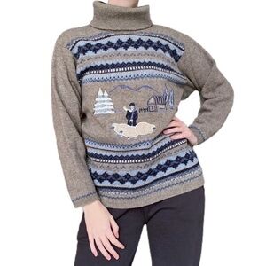 Vintage 100% Wool M.A.T. Shepherd Scene Turtleneck Sweater